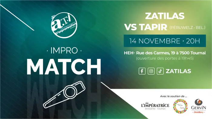 Affiche du Match d’improvisation Zatilas contre Tapir – 14 novembre 2026